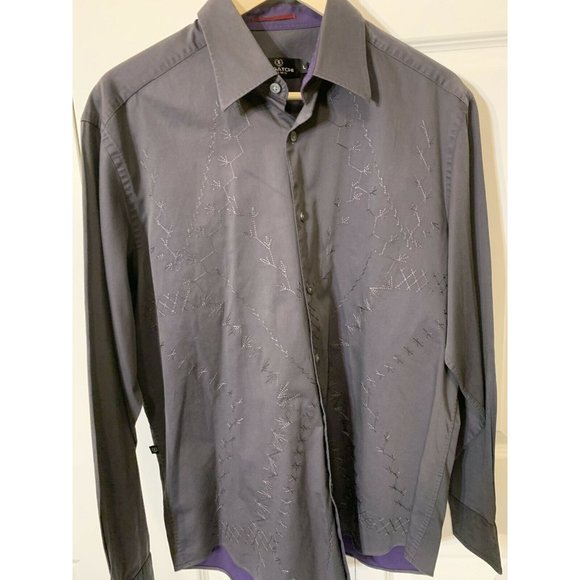 BUGATCHI UOMO CASUAL SHIRT‎ SIZE L CLASSIC FIT 100%COTTON Gray Embroidered - Picture 4 of 9